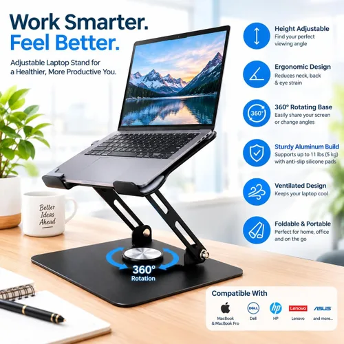 Vista 2 de Soporte ajustable para computadora portátil, elevador plegable de aluminio para laptop con base giratoria de 360°, soporte ergonómico