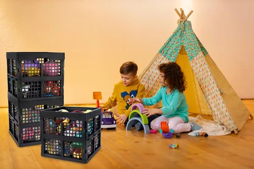 Vista 8 de Eslite Paquete de 3 Cajas de Almacenamiento de Plástico Plegables, Cajas Plegables para Almacenamiento, 16L (Negro)