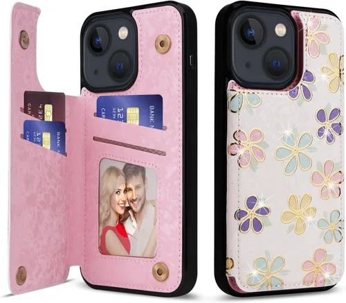 Vista 84 de UEEBAI Funda tipo cartera para iPhone 13 con tarjeteros, piel sintética, diseño floral, función atril, bloqueo RFID, doble cierre magnético, funda