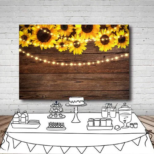 Vista 5 de Telones de fondo de madera de girasol de 7 x 5 pies para fotografía, rústico, inauguración de la casa, baby shower, cumpleaños, verano, boda, tira