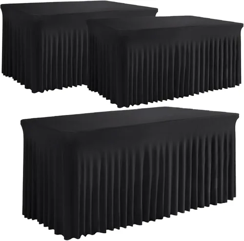 Vista 7 de Falda de mesa negra, de elastano, sin arrugas, 6 pies, mantel elástico ajustable lavable para mesas rectangulares para bodas, banquetes, fiestas