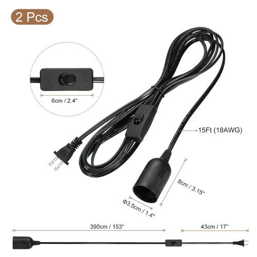 Vista 2 de PATIKIL Cable de luz colgante de 15 pies, paquete de 2 lámparas colgantes de extensión con interruptor de encendido/apagado enchufe para bombilla