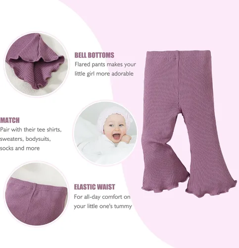 Vista 2 de SOBOWO Pantalones acampanados para bebé, paquete de 3 unidades para niña pequeña, color liso, acanalado, con volantes, pantalones acampanados