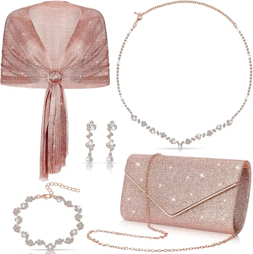 Vista 10 de Tiamon Juego de 5 piezas de joyas de diamantes de imitación, chales y envolturas formales para mujeres, vestidos de noche, bodas nupciales