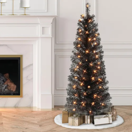 Vista 4 de Árbol de oropel negro preiluminado de 4.5 pies, 160 puntas, 70 luces incandescentes transparentes UL