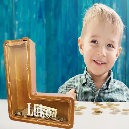 Vista 3 de Alcancía grande personalizada de madera con letras, hucha de monedas, alcancía personalizada con nombre, puede ser utilizada como regalo de Navidad