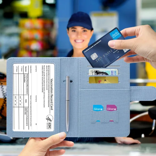 Vista 6 de MCmolis Combo de tarjetero para pasaporte y vacunas, funda de cuero con bloqueo RFID, protector organizador de documentos de viaje con ranura