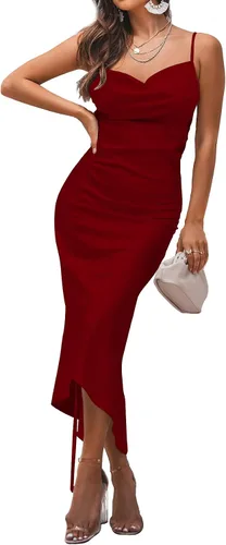 Vista 6 de LYANER - Vestidos de satén para mujer, con tirantes delgados y cuello vuelto holgado, largo debajo de la rodilla, diseño sexy fruncido, ideal