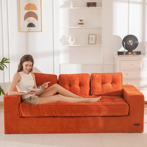 Vista 10 de MAXYOYO Sofá de 3 Plazas sin Estructura, Sofá Moderno Acolchado para Sala de Estar, Sillón Suave Tipo Puf de Espuma de Alta Densidad con Almohadas