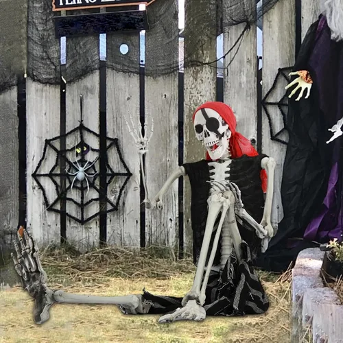 Vista 6 de Esqueleto de Halloween, esqueleto de imitación de tamaño natural de 25.6 in, huesos humanos realistas con articulaciones articuladas, estilo pirata