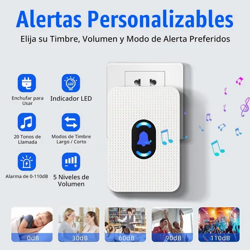 Vista 7 de Daytech Timbre Inalámbrico con Sensor de Puerta Timbre de Entrada con Alcance de 800 pies 20 Melodías 5 Niveles de Volumen Ajustable Timbre de 1