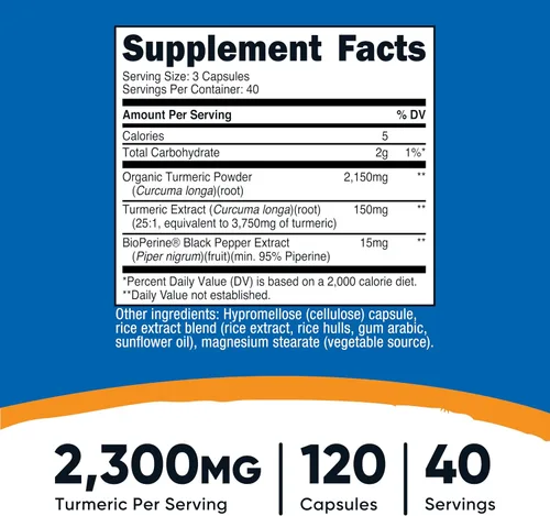 Vista 2 de Nutricost Turmeric (95% curcumioides) 0.017 onzas, 120 cápsulas con Bioperina, 1 botella, 1