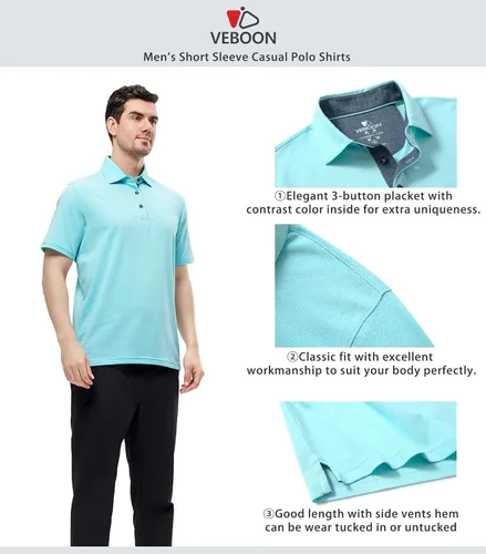 Vista 4 de VEBOON Men's Polo Shirts Long and Short Sleeve Cotton Blend Heather Moisture Wicking Casual Collared Shirts