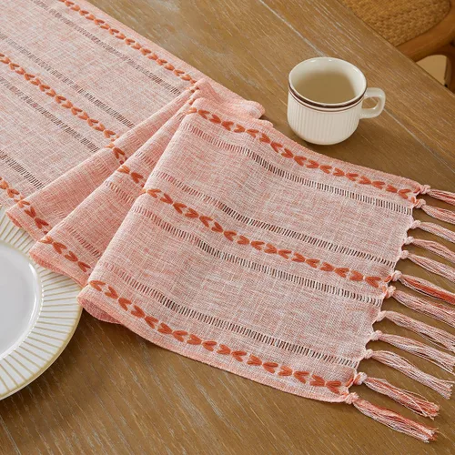 Vista 8 de Wracra Camino de mesa de lino rústico estilo granja, camino de mesa bordado de 36 pulgadas de largo con borlas a mano para fiestas, decoración