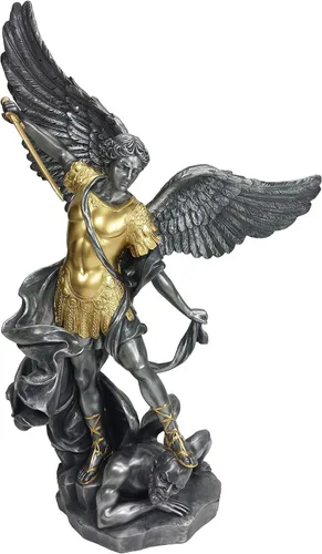 Vista 2 de 14 1/2 pulgadas de peltre y oro Arcángel San Miguel pisotea la escultura de la estatua del demonio