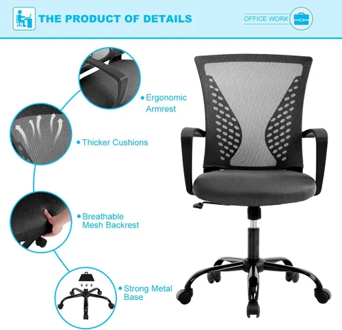 Vista 3 de TTY Store Silla de oficina de malla para el hogar, silla de escritorio ergonómica con soporte lumbar, reposabrazos ejecutivo, ajustable, giratoria