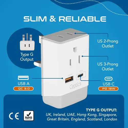 Vista 4 de Ceptics - Adaptador de enchufe para Reino Unido, Irlanda, Hong Kong, enchufe de corriente internacional con USB y USB-C - 2 tomas de EE. UU., QC 3.0