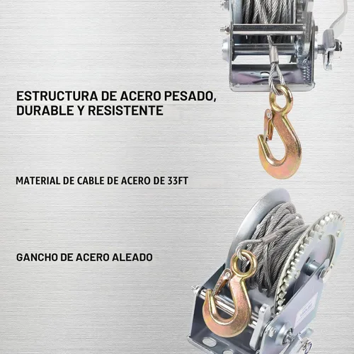 Vista 4 de Cabrestante de mano para remolque de lancha, gancho resistente de 1200 libras con cable de acero de 33 pies, cabrestante de manivela de mano