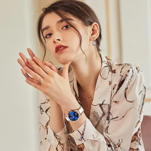 Vista 2 de OLEVS Relojes de vestir elegantes para mujer, automático, de acero inoxidable, resistente al agua, de cerámica, con luminoso