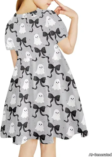 Vista 2 de SEANATIVE Vestido de manga corta para niñas de 3 a 14 años Black Bow Ghost