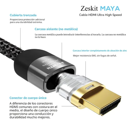 Vista 4 de Zeskit Cable HDMI certificado 2.1 8K 48Gbps 4K120Hz compatible con barra de sonido eARC HDR10 VRR Dolby Vision Atmos HDCP 2.2 y 2.3 Gaming PS5 Xbox