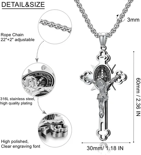 Vista 5 de Collar con colgante de cruz de oración del Señor de acero inoxidable con crucifijo de Jesucristo y versículo bíblico para hombresniñosmujeres