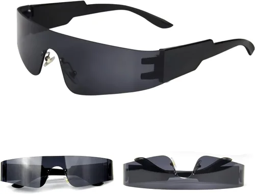 Vista 6 de Gafas de sol futuristas envolventes Y2K plateadas, de moda, sin marco, gafas Cyberpunk para mujeres y hombres, fiesta rave