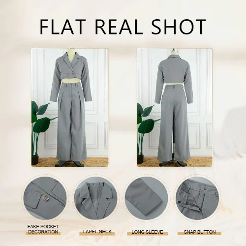 Vista 2 de Conjunto de 2 piezas para mujer, estilo casual, para negocios, chaqueta corta, ligero, frente abierto, pantalones para mujer