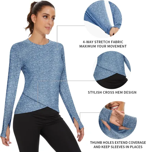 Vista 2 de Soneven Camisetas térmicas de manga larga para mujer, camisetas de compresión para entrenamiento, dobladillo cruzado, camisas de yoga atléticas