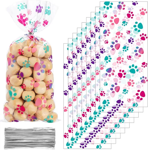 Vista 5 de Blulu 100 bolsas de golosinas para perros, recuerdos de fiesta para cachorros, bolsas de celofán con cono de pata de mascota, dulces sellables por