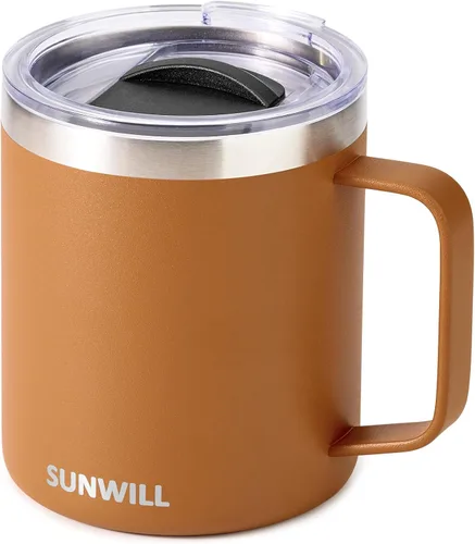 Vista 10 de SUNWILL - Taza de café de viaje con tapa, taza aislada con asa, taza de acero inoxidable de 14 oz para hielo, agua, té, color oro rosa