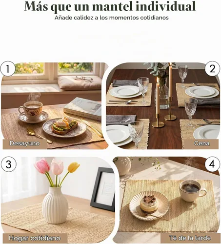 Vista 3 de Juego de 6 manteles individuales, 12 x 17 pulgadas, 100% ramio Ramie-beige natural-01