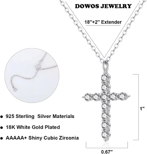 Vista 5 de Dowos 925 Sterling Silver Cross Necklace for Women, 18K Gold Plated AAAAA Cubic Zirconia Simulated Diamond Cross Pendant for Women Girls, 18''+2