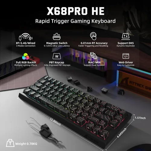 Vista 2 de ATTACK SHARK X11 y X68 PRO HE Combo inalámbrico para juegos, efecto Hall de disparo rápido, interruptor magnético 8K, teclado ultraligero con sensor