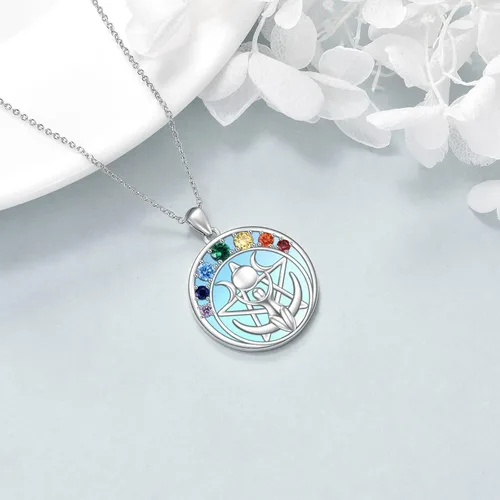 Vista 17 de LUHE Collar de plata de ley con dije de pentagrama de chakras y luna, pentáculo, celta, pagano, wiccano, amuleto mágico para mujeres, adolescentes