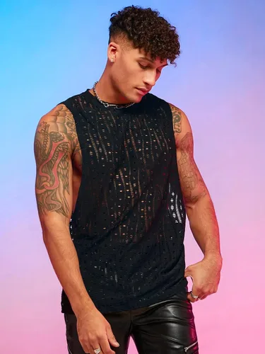 Vista 3 de WDIRARA Camiseta sin mangas con lentejuelas con purpurina y cuello redondo para hombre, corte abierto, para fiesta de club