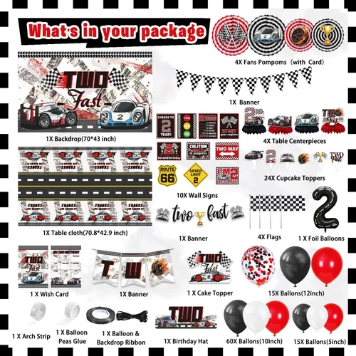 Vista 2 de KOTLMIGHT Decoraciones de Cumpleaños Two Fast para Niños, Suministros de Decoración de Fiesta Temática de Autos de Carrera para 2do Cumpleaños