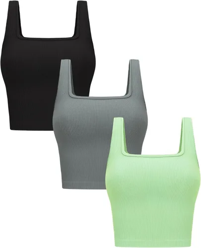Vista 11 de OLCHEE - Camisetas cortas sin mangas para mujer, pack de 3, básicas, sin costuras, acanaladas, cuello cuadrado, para entrenamiento, verano Negro +