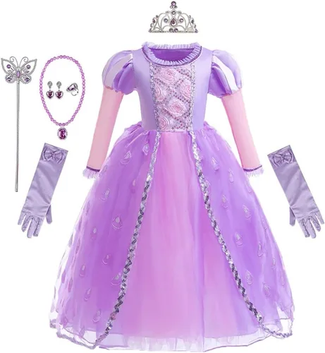 Vista 57 de REXREII Disfraz de princesa Sofía para niñas, disfraz de Halloween, Navidad, fiesta, cumpleaños, noche, vestido de baile con accesorios