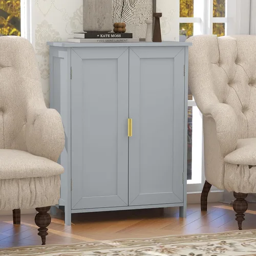 Vista 9 de TaoHFE Gabinete de almacenamiento de baño gris, gabinetes de baño independientes con 2 puertas, armario de toallas para baños, gabinetes de baño