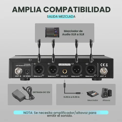 Vista 5 de Sistema de micrófono inalámbrico, micrófonos de mano inalámbricos de 4 x 50 canales, rango UHF de 200 pies, micrófonos con transmisión de señal