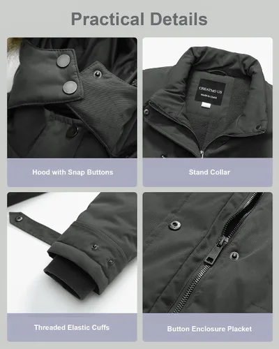 Vista 7 de CREATMO US Abrigo de invierno para mujer, talla grande, impermeable, largo, acolchado, cálido, militar, grueso, parka con capucha de piel