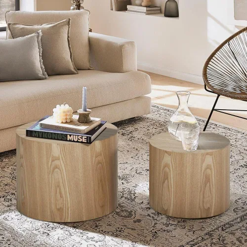 Vista 28 de Mesa auxiliar redonda pequeña, moderna mesa auxiliar anidable de madera para sala de estar, sin montaje, color beige S1-beige