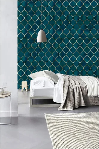 Vista 4 de HAOKHOME - Papel tapiz despega y pega, diseño geométrico enrejado, color esmeralda/zafiro azul/bronce, papel de contacto extraíble para decoración