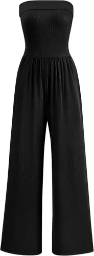 Vista 11 de PRETTYGARDEN Overol de tubo para mujer, elegante, casual, hombros descubiertos, pierna ancha, overol de una pieza, trajes de verano para vacaciones