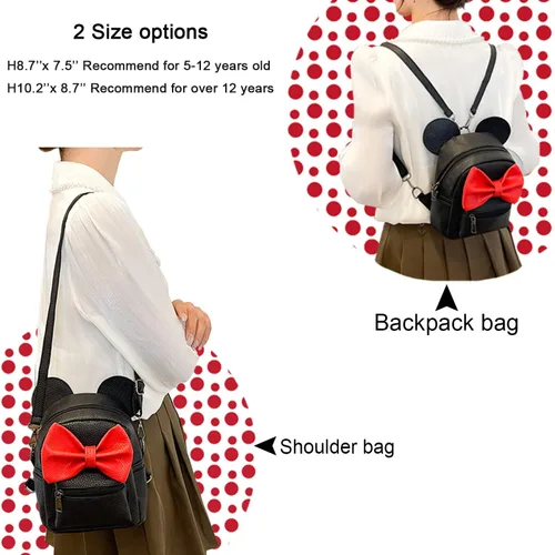 Vista 7 de Mochila convertible con diseño de orejas de ratón y lunares y lazo de lentejuelas para niñas y mujeres Lazo de algodón negro con diseño de lunares