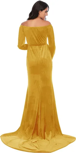 Vista 4 de ZIUMUDY Vestido de maternidad de terciopelo con hombros descubiertos, vestido de fotografía de manga larga para sesión de fotos, vestido de baby