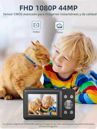 Vista 2 de Cámara digital, FHD 1080P Cámara digital de apuntar y disparar con zoom de 16X antivibración, tarjeta de 32 GB, cámara pequeña compacta para niños