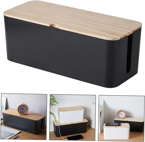 Vista 7 de Toyvian Cable Storage Box with Natural Wood Lid, Medium round Holed Wire Organizer Case for Power Strip and Charger, Anti-electric Socket Cable