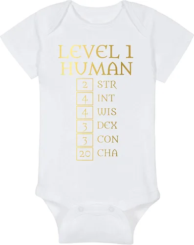 Vista 18 de Level 1 Human with Ability Scores - Gaming Baby Onesie - Hat - Blanket - Bib Package Combinations